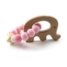 Cargar imagen en el visor de la galería, Mordedor de silicona elefante madera de haya tonos rosas
