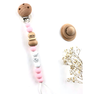 Chupetero silicona y madera rosa bebé
